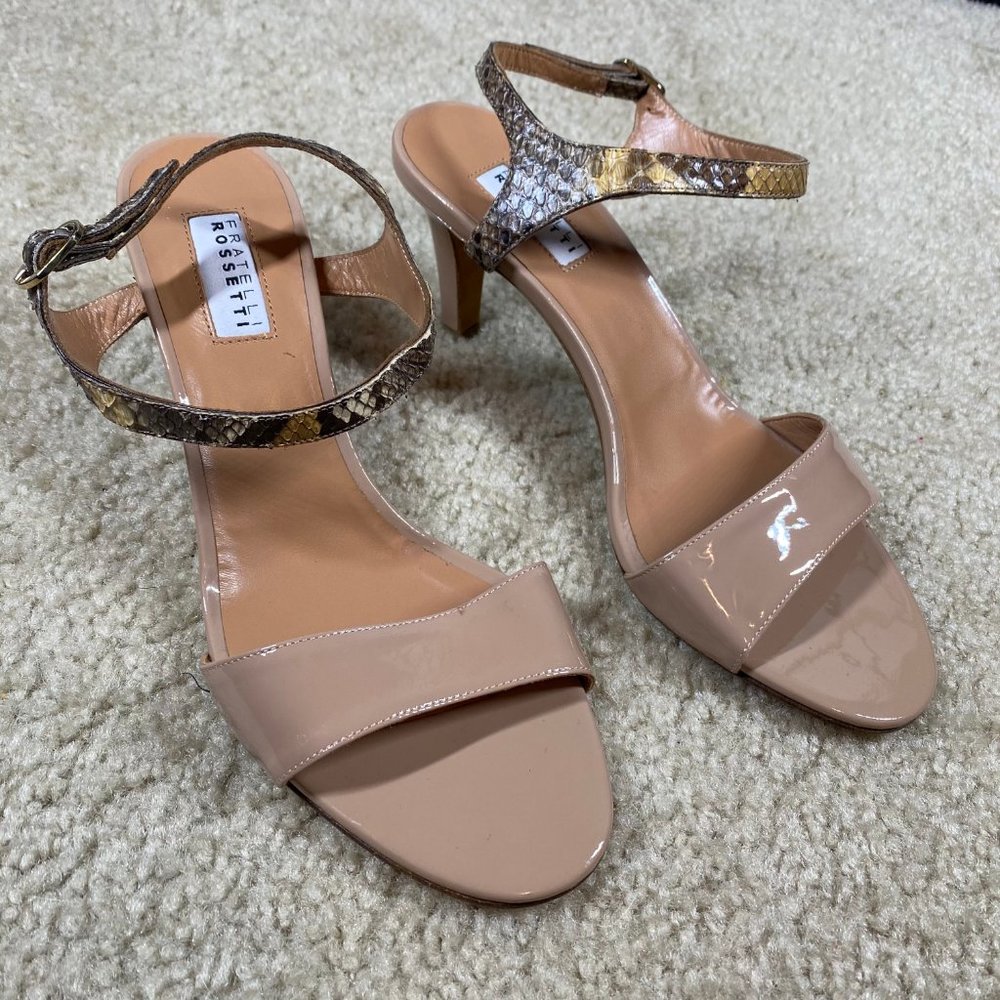 Fratelli Rossetti Italian Tan Sandal Heels Snake Strap 7.5 NWOT